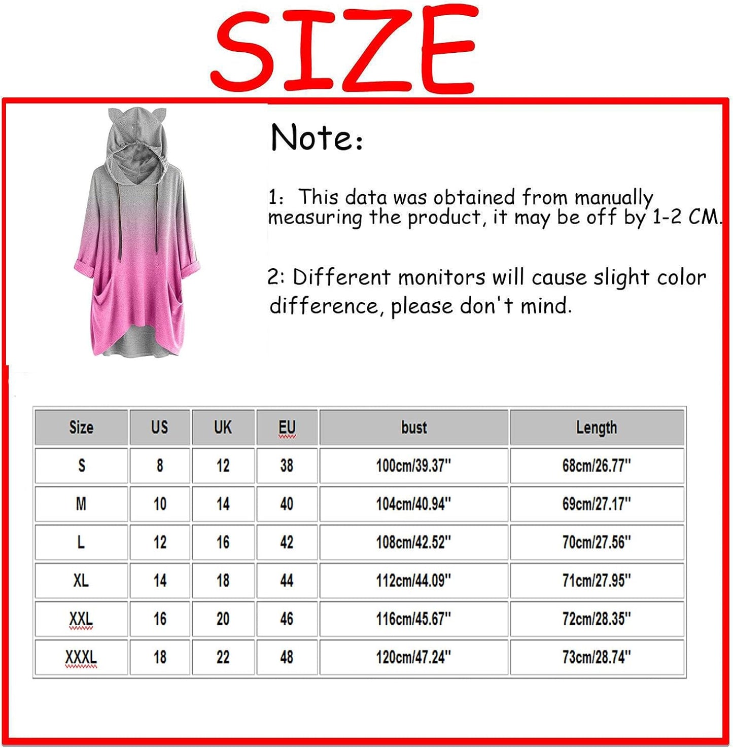 Women'S Gradient Color Cat Ear Sweatshirt Fashion plus Size Drawstring with Pocket Hoodie Pullover Top for Daily Date(Pink,Small)