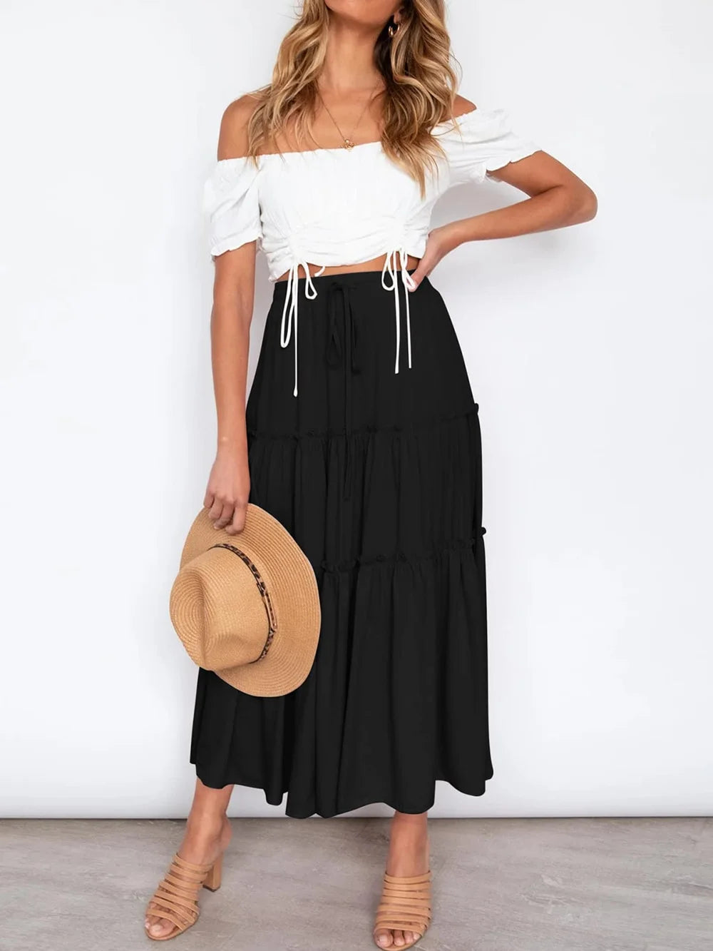 High Waist Midi Skirt for Women A-Line Pleated Skirts with Pockets Flowy Dresses