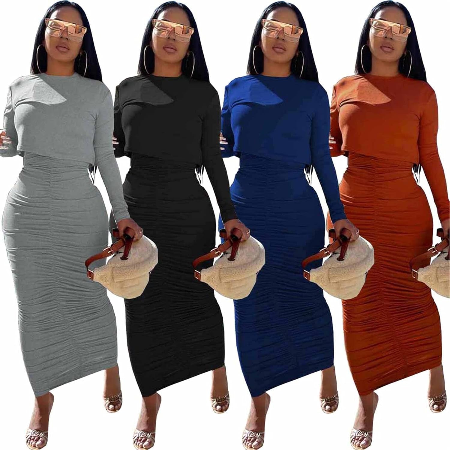 Womens Skirt Sets 2 Piece Outfits Sexy Bodycon Ruched Maxi Dress & Long Sleeve Crop Tops Club Dresses Cocktail Party Outfits,Black#1,L