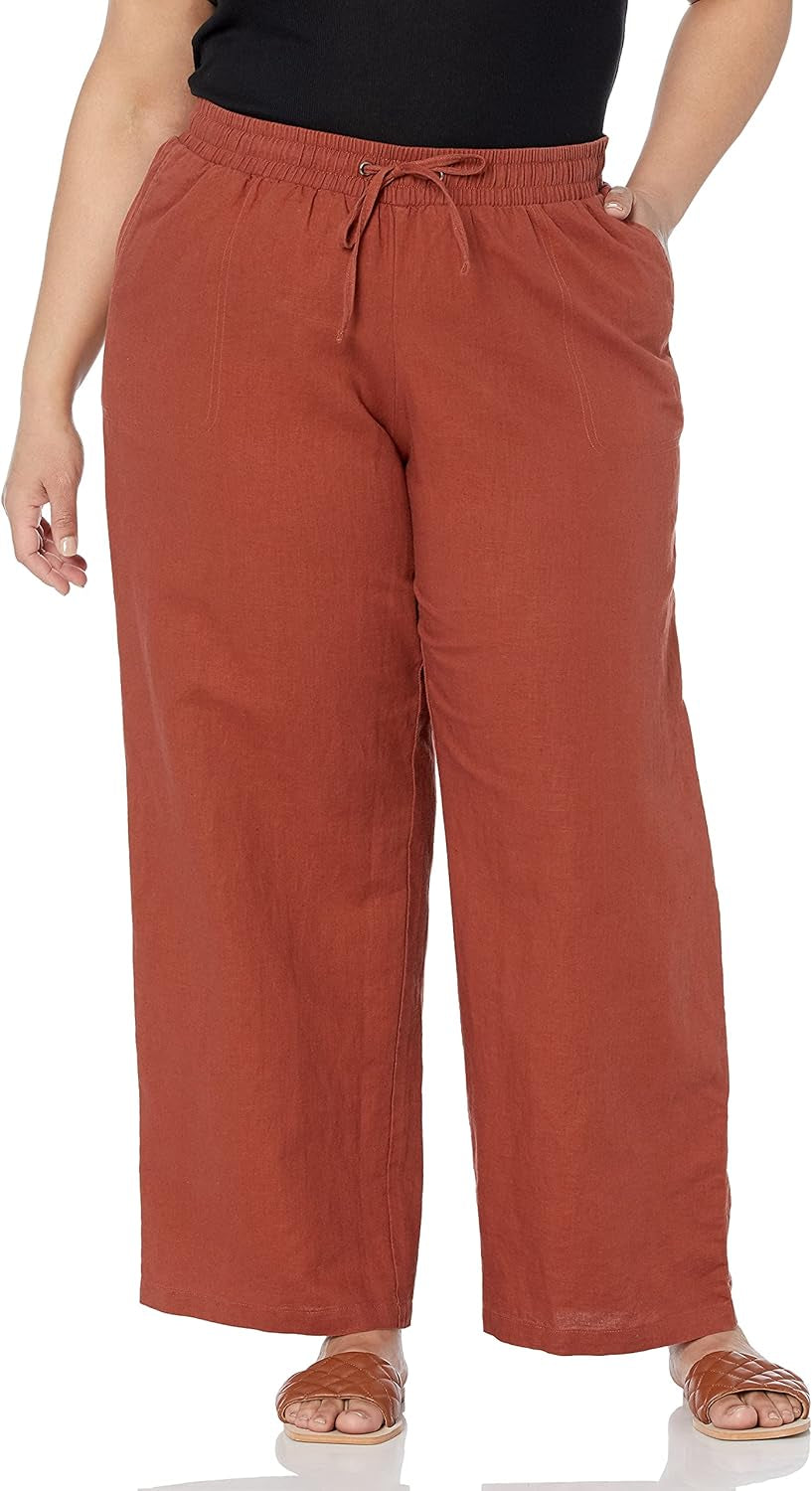 Women'S Linen Blend Drawstring Relaxed Fit Wide Leg Pant (Available in plus Size)