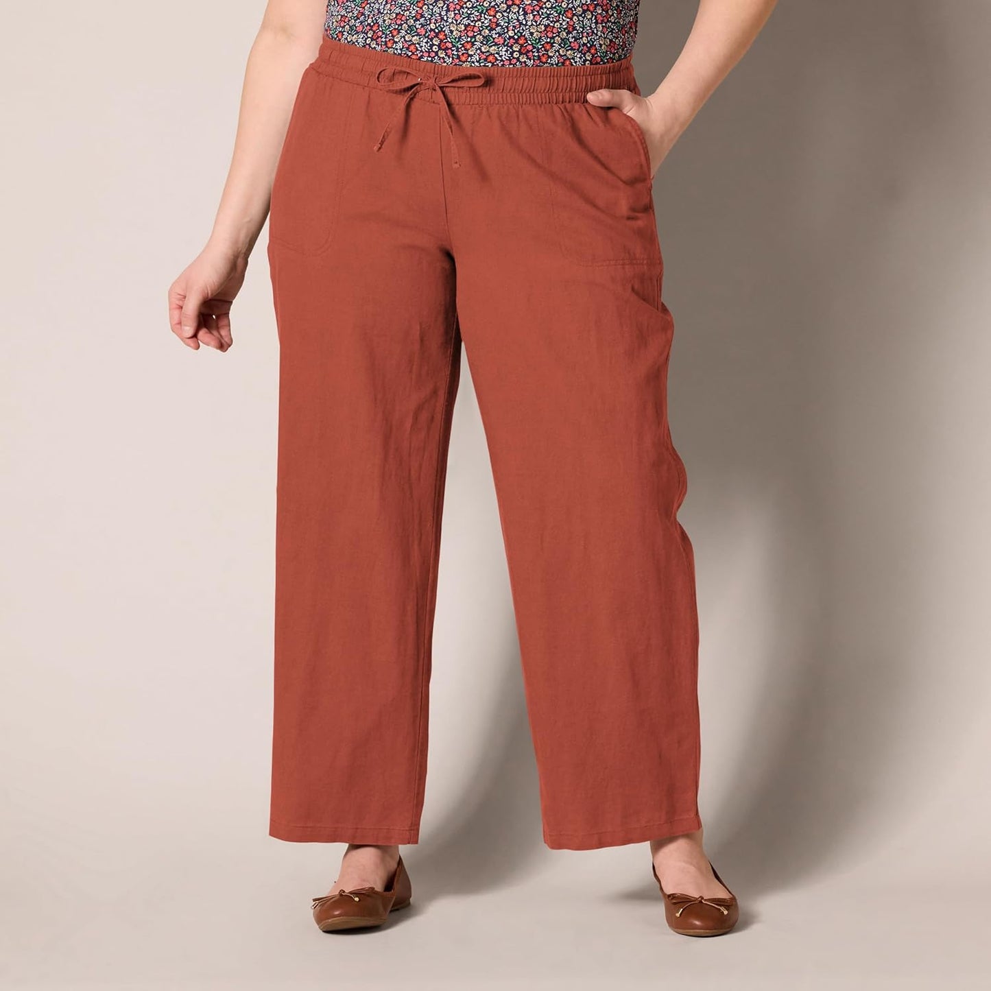 Women'S Linen Blend Drawstring Relaxed Fit Wide Leg Pant (Available in plus Size)