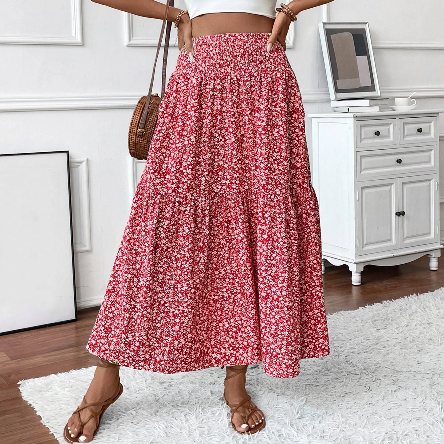 Women Floral Maxi Skirt Smocked High Waist Cotton Flowy Long Skirts Summer Boho Beach Hawaiian Vacation a Line Skirt Red S
