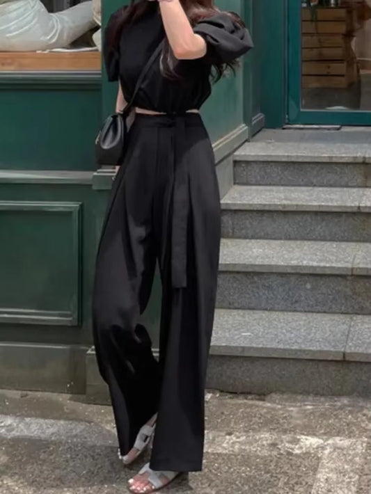 Spring Summer New Vintage Trousers Loose Solid Color Wide Leg Joggers Trousers Simple High Waist Women Solid Color Pants