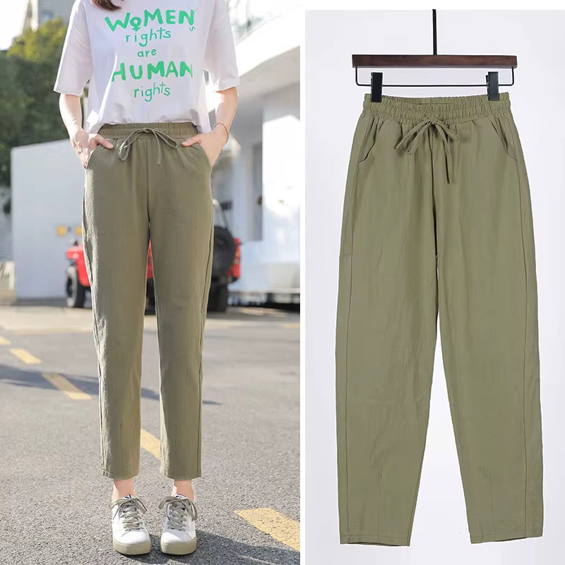 Womens Spring Summer Pants Cotton Linen Solid Elastic Waist Candy Colors Harem Trousers Casual Female Pants