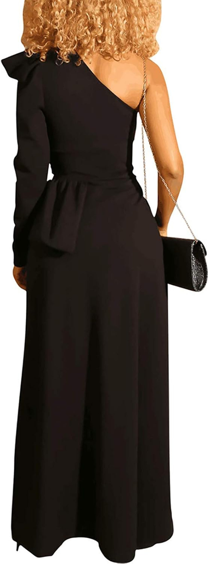 Women Sexy One Shoulder Long Puff Sleeve Bodycon High Low Asymmetrical Irregular Maxi Blouse Top Shirt Dress Black M