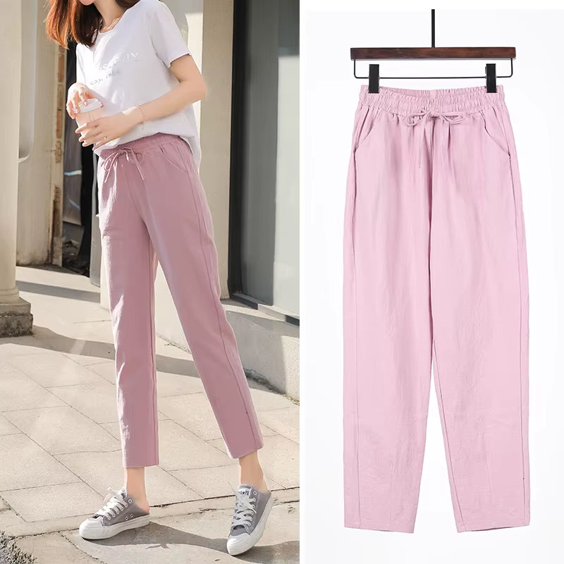 Womens Spring Summer Pants Cotton Linen Solid Elastic Waist Candy Colors Harem Trousers Casual Female Pants