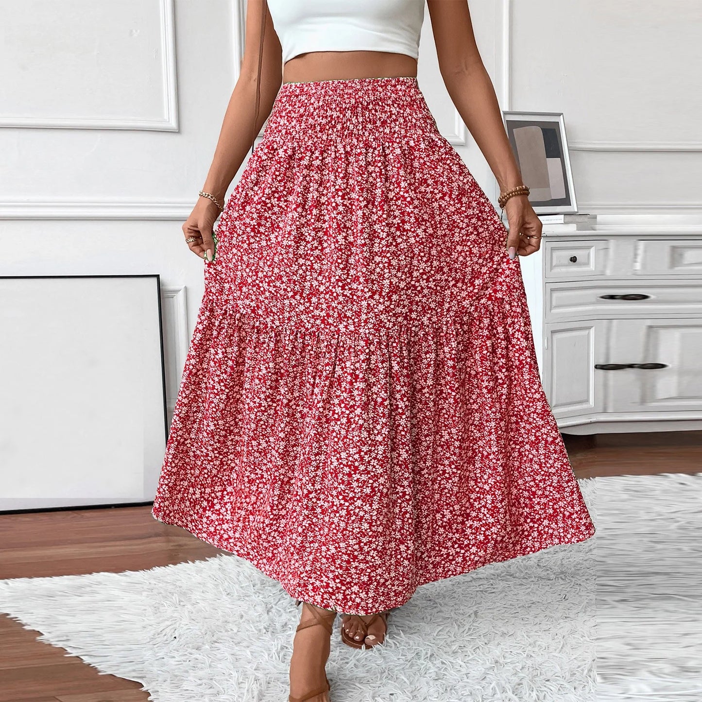 Women Floral Maxi Skirt Smocked High Waist Cotton Flowy Long Skirts Summer Boho Beach Hawaiian Vacation a Line Skirt Red S