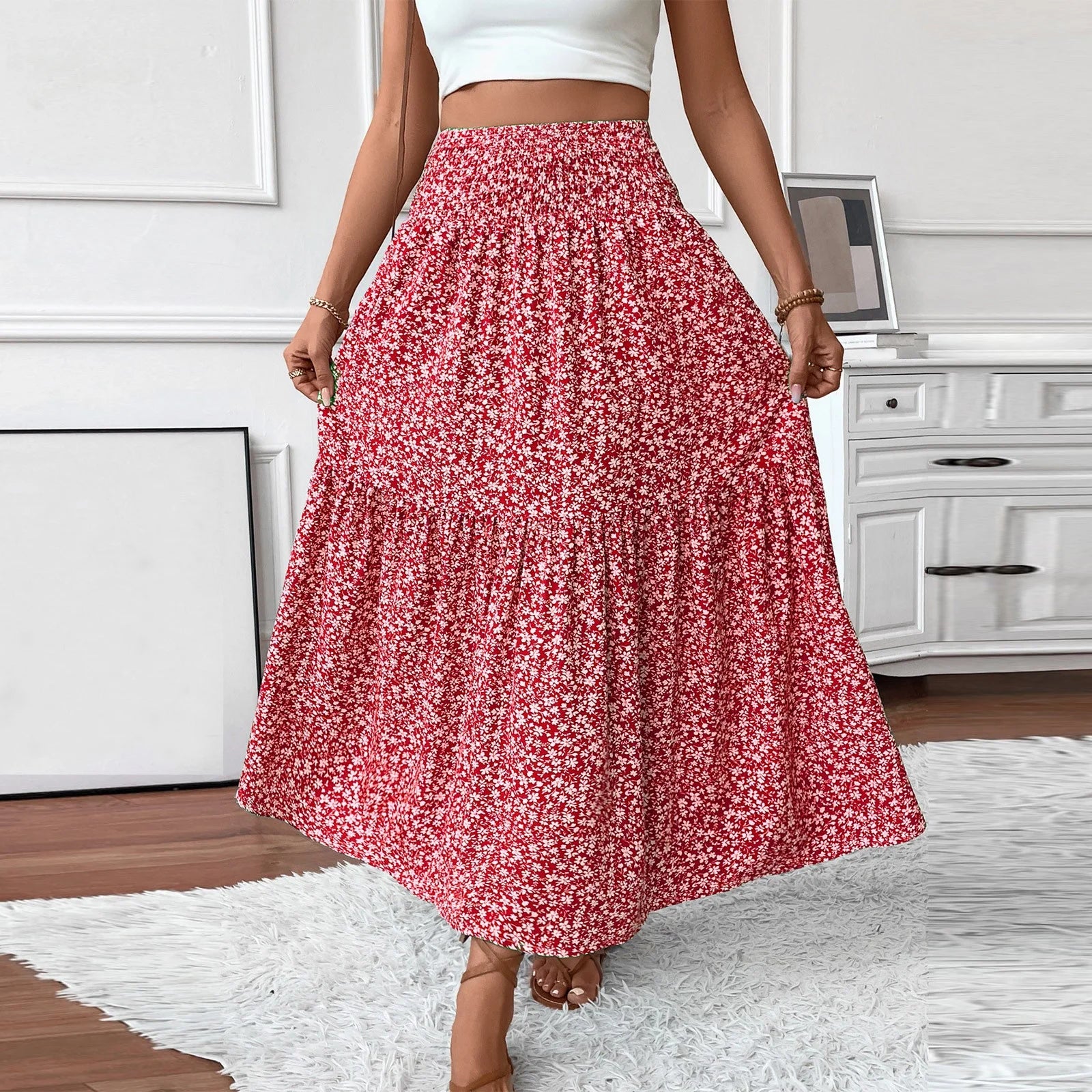 Women Floral Maxi Skirt Smocked High Waist Cotton Flowy Long Skirts Summer Boho Beach Hawaiian Vacation a Line Skirt Red S
