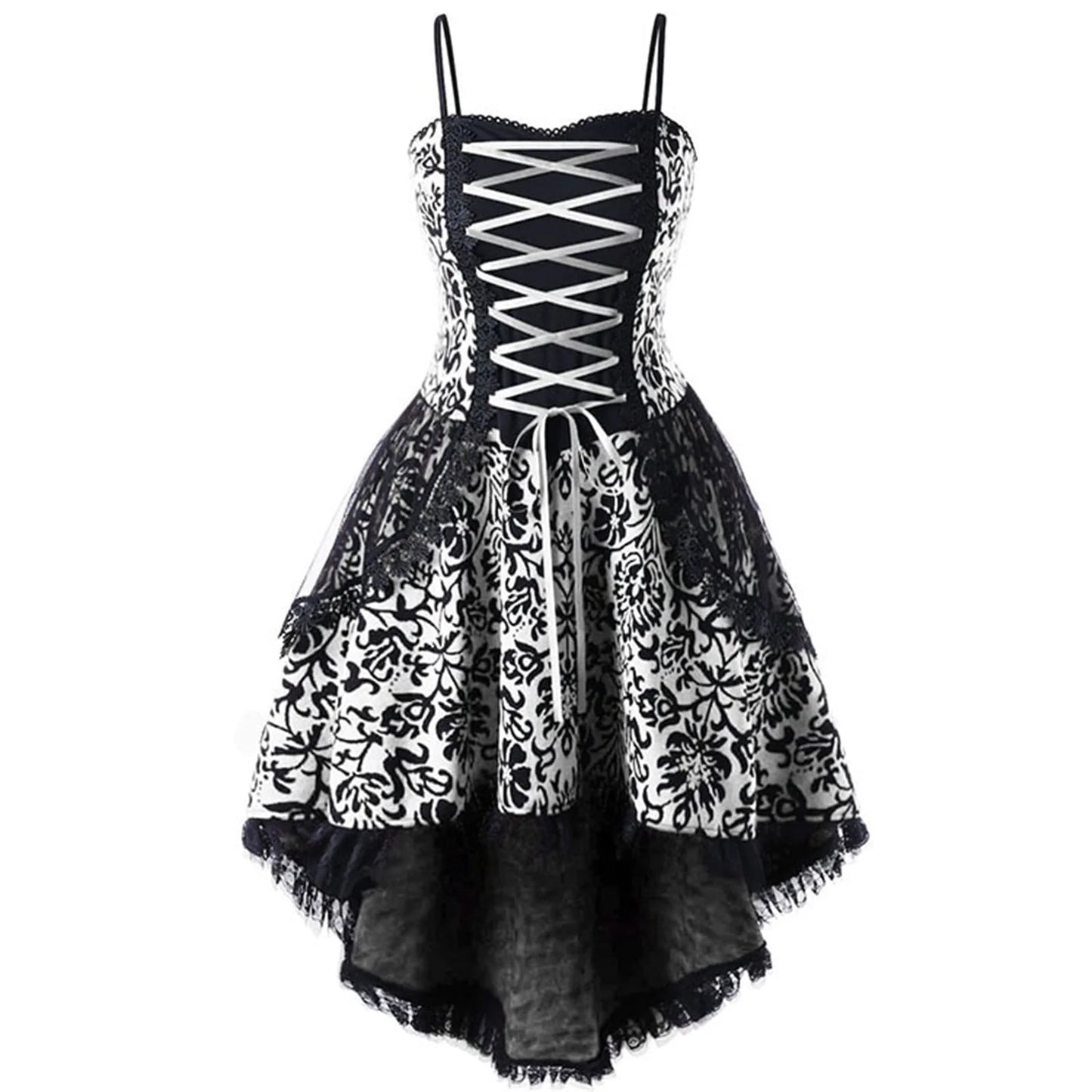 Womens Goth Corset Dress Steampunk Dresses Sleeveless Lace Trim Swing Clothes Spaghetti Strap Dress plus Size Masquerade Ball Gowns
