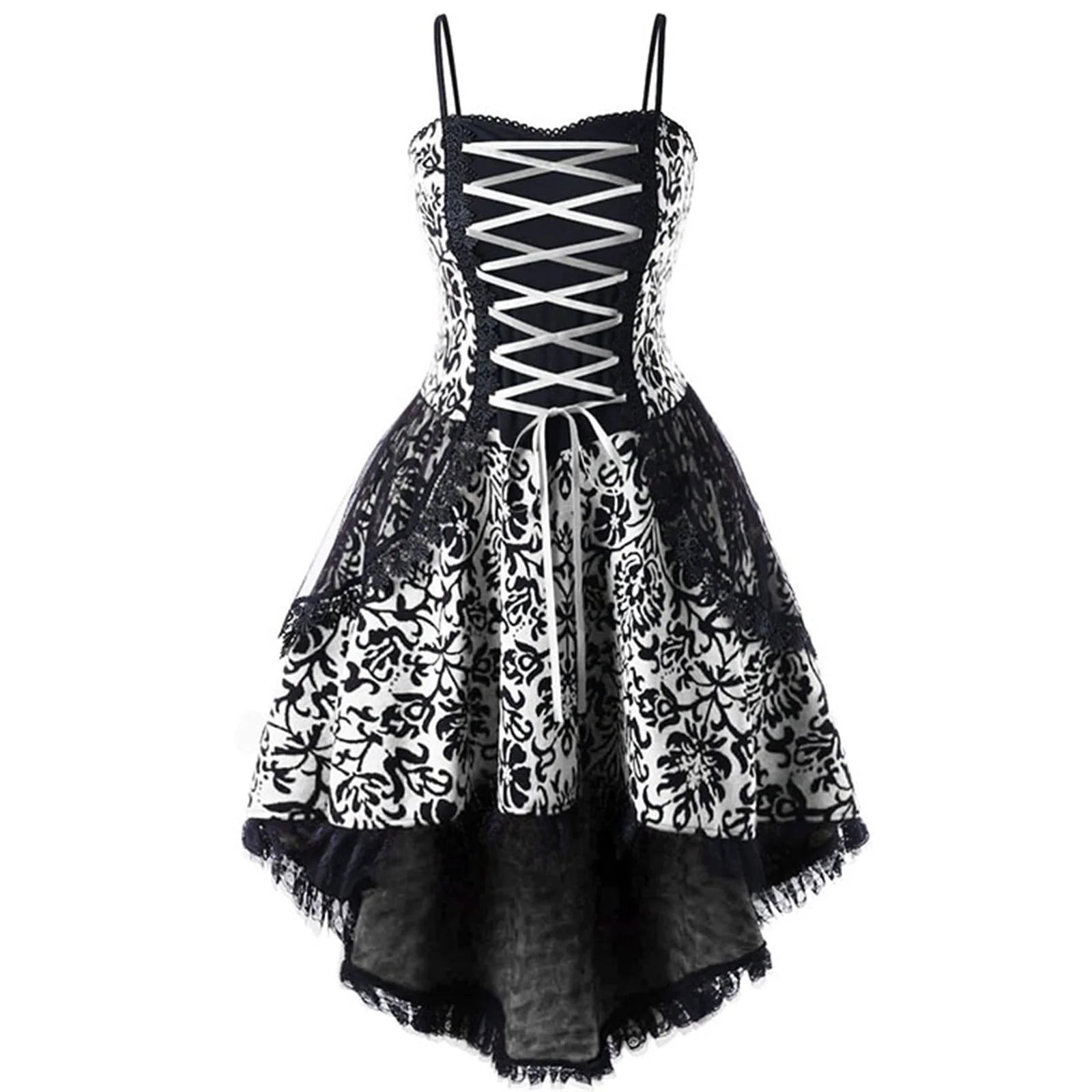 Womens Goth Corset Dress Steampunk Dresses Sleeveless Lace Trim Swing Clothes Spaghetti Strap Dress plus Size Masquerade Ball Gowns