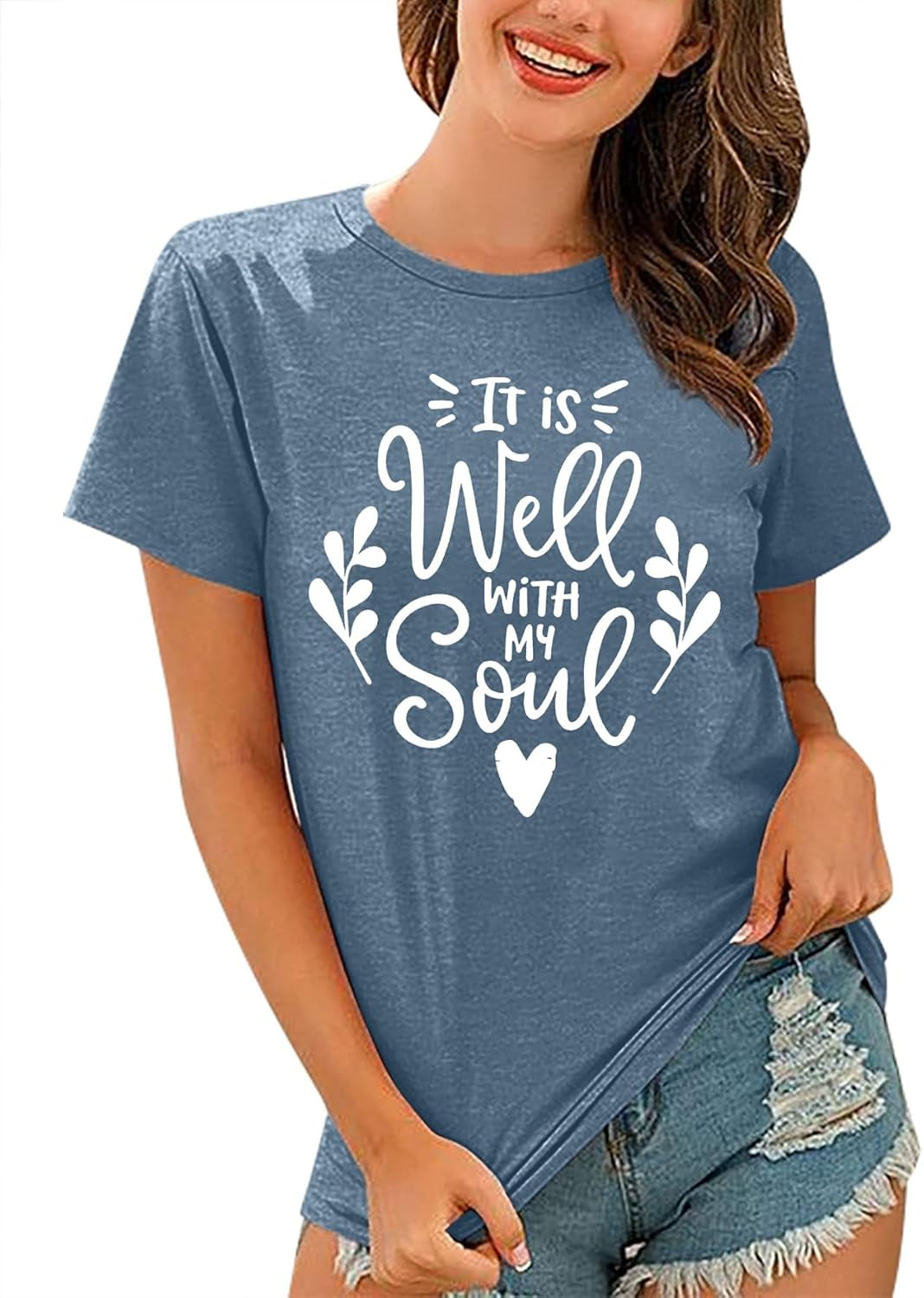 It Is Well with My Soul Christian T Shirt Women Casual Letter Print Shirts Short Sleeve Inspirational Tops Tee