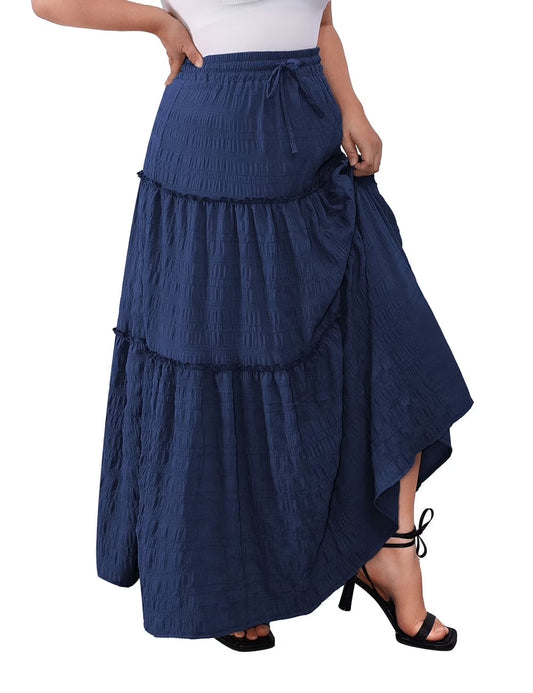 Women plus Size Skirts Elastic High Waist a Line Ruffle Swing Beach Maxi Skirt Long Skirt Tiered Skirt L-4X
