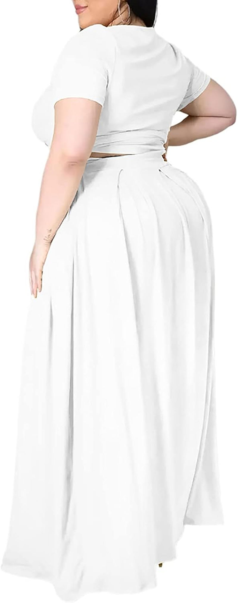 Women plus Size 2 Piece Dress Outfits - Sexy Short Sleeve Bandage Tie up Wrap Empire Crop Top + Bodycon Maxi Skirts Set White 4XL