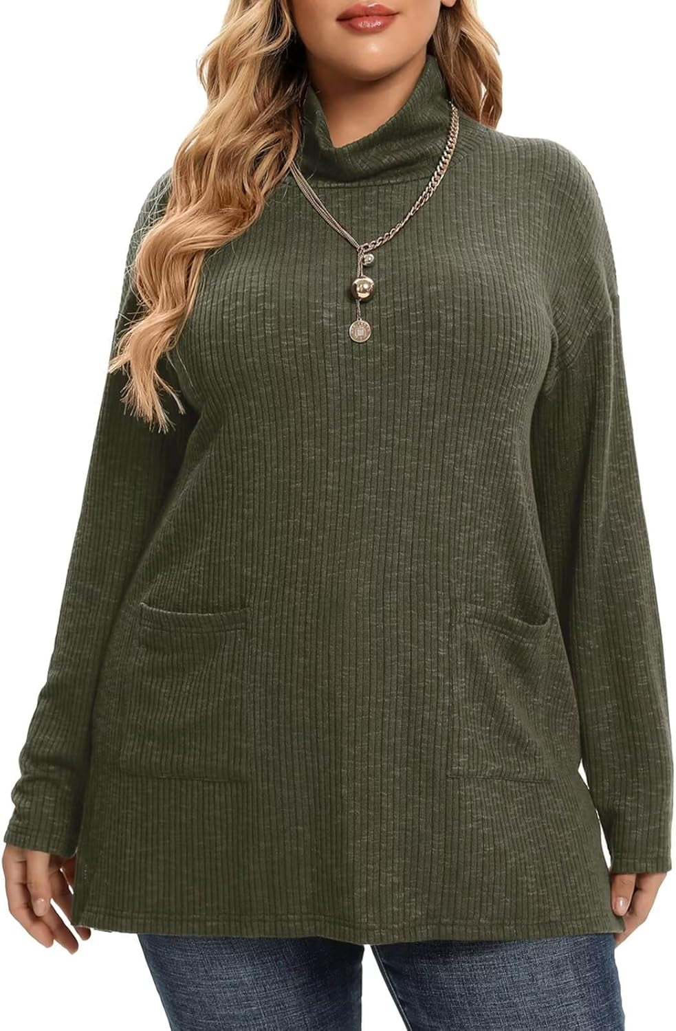 plus Size Sweater for Women, Women'S Pullover Turtleneck Long Sleeve Knit Sweater Shirts with Pockets for Fall Winter