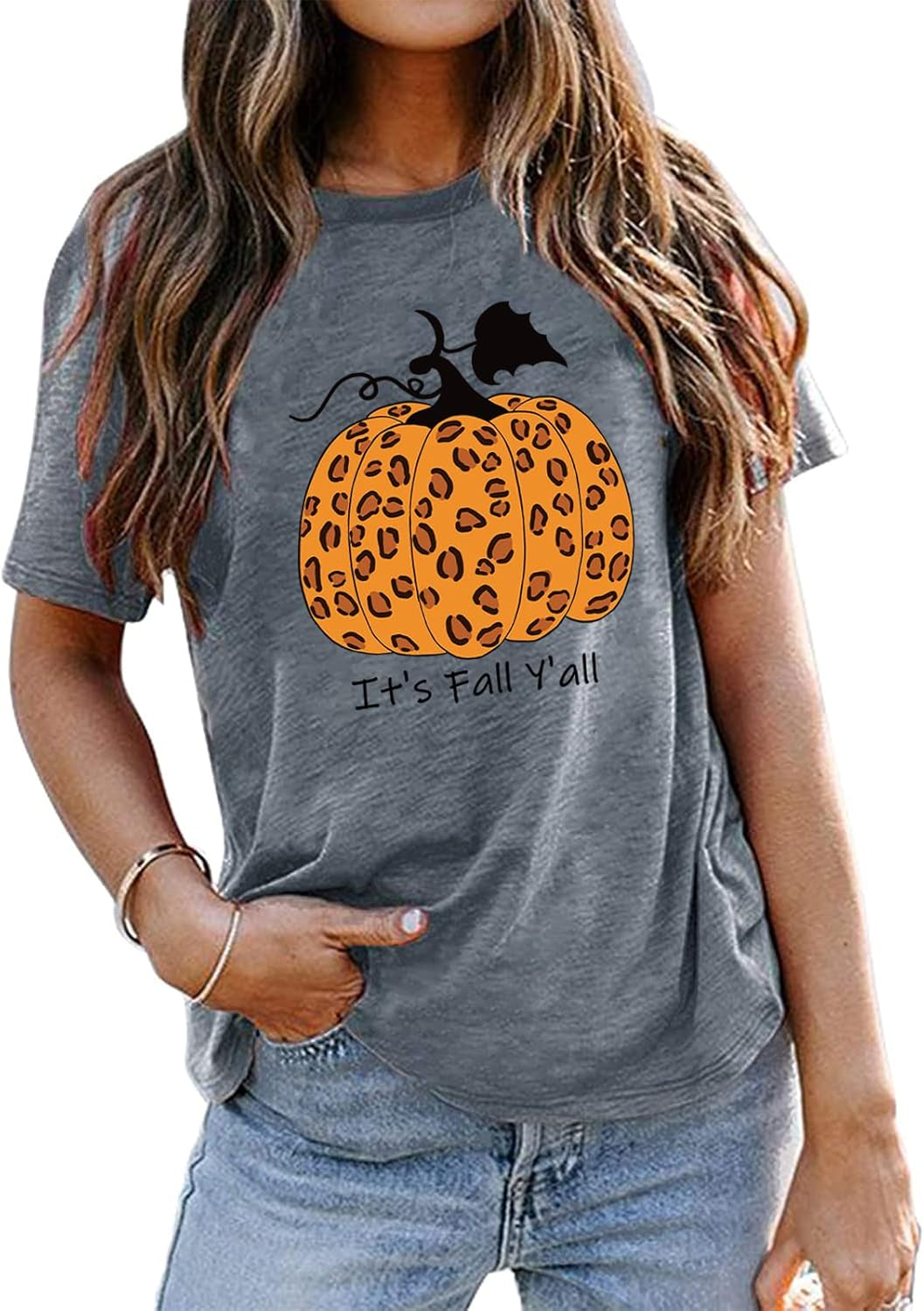 Pumpkin Shirts for Women It'S Fall Y'All Leopard Pumpkin Graphic Tees Tops