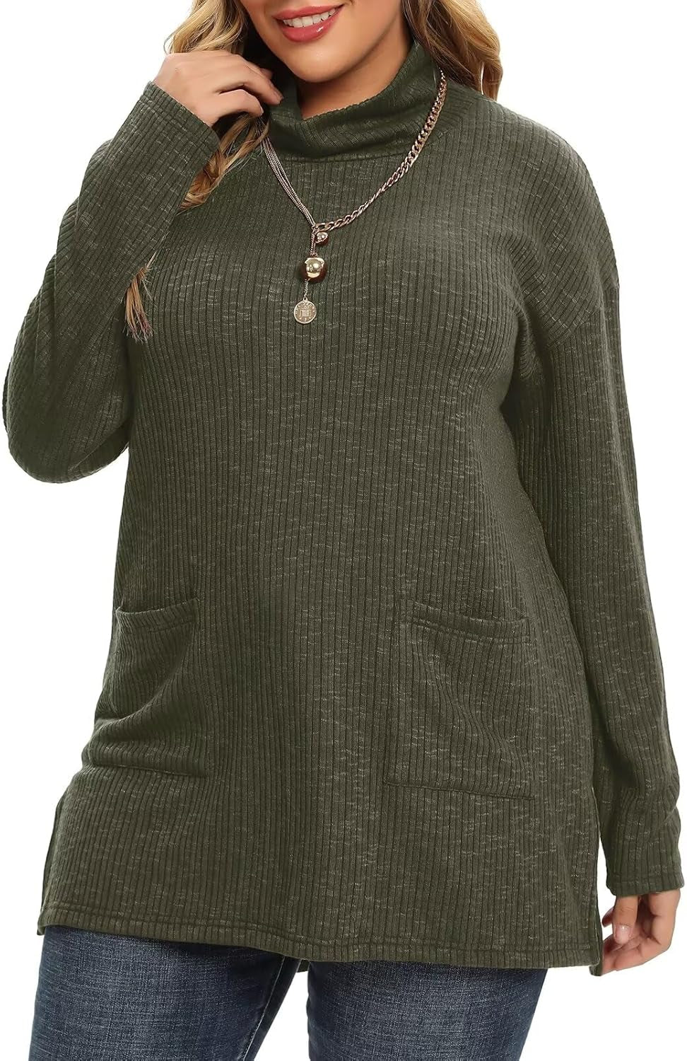 plus Size Sweater for Women, Women'S Pullover Turtleneck Long Sleeve Knit Sweater Shirts with Pockets for Fall Winter