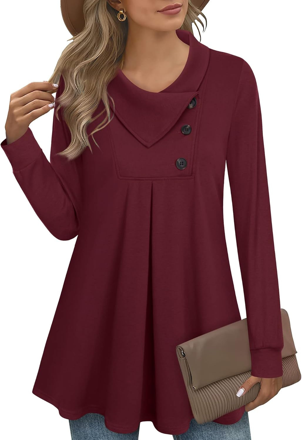 Women'S Long Sleeve Button Lapel Pullover Tunic Swing Sweatshirt