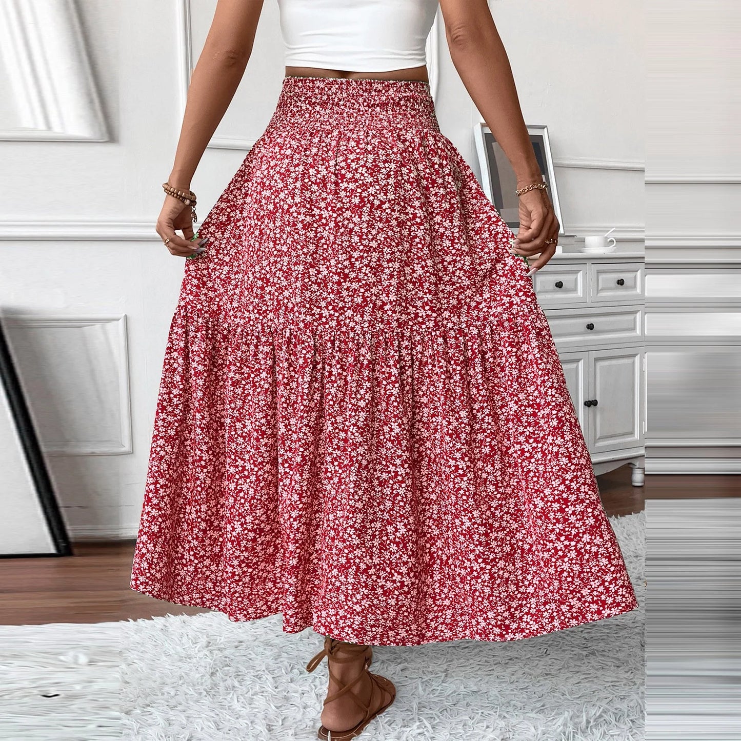 Women Floral Maxi Skirt Smocked High Waist Cotton Flowy Long Skirts Summer Boho Beach Hawaiian Vacation a Line Skirt Red S