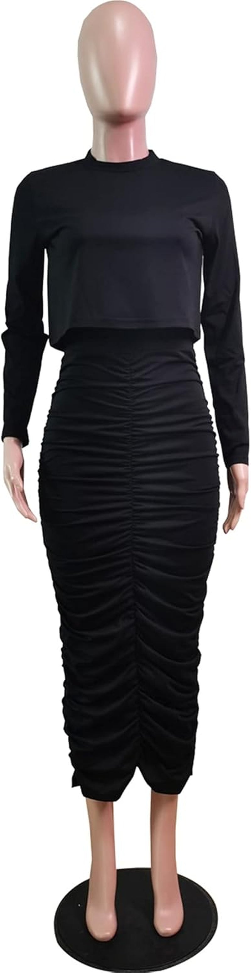 Womens Skirt Sets 2 Piece Outfits Sexy Bodycon Ruched Maxi Dress & Long Sleeve Crop Tops Club Dresses Cocktail Party Outfits,Black#1,L