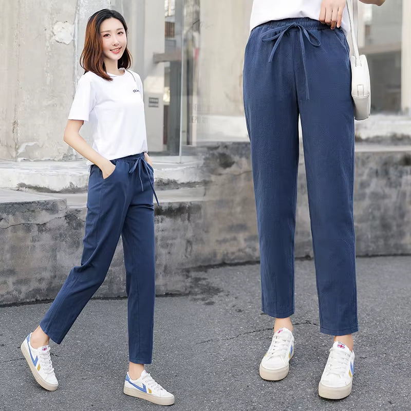 Womens Spring Summer Pants Cotton Linen Solid Elastic Waist Candy Colors Harem Trousers Casual Female Pants