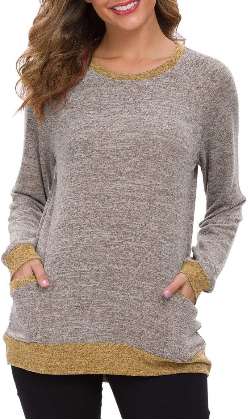 Womens Long Sleeve Tunic Tops Casual Loose Fit Sweatshirts round Neck Pullover Blouse Sweatshirts with Pocket