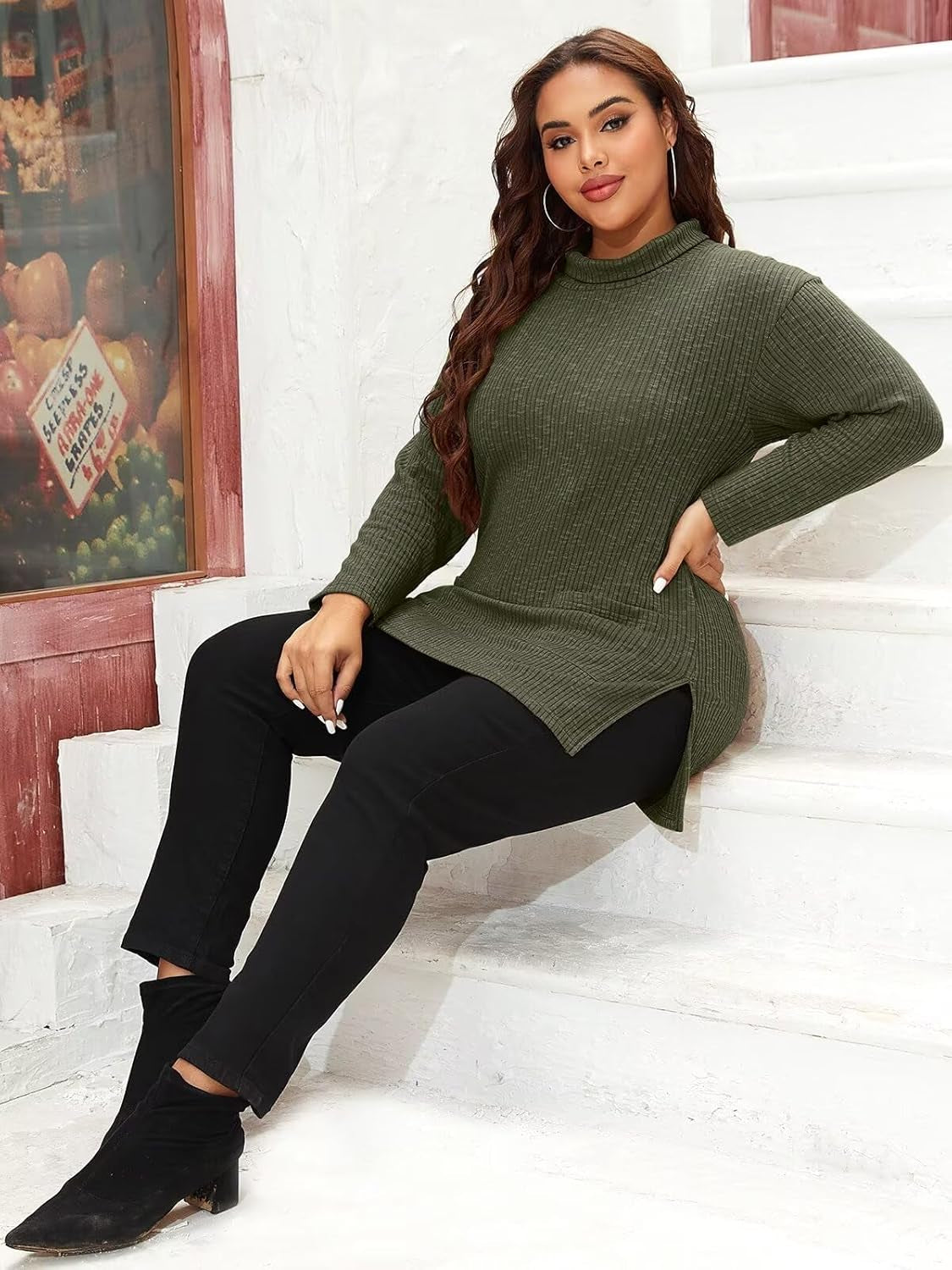 plus Size Sweater for Women, Women'S Pullover Turtleneck Long Sleeve Knit Sweater Shirts with Pockets for Fall Winter