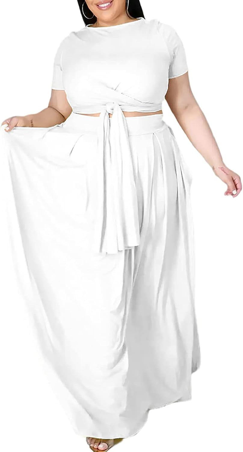 Women plus Size 2 Piece Dress Outfits - Sexy Short Sleeve Bandage Tie up Wrap Empire Crop Top + Bodycon Maxi Skirts Set White 4XL