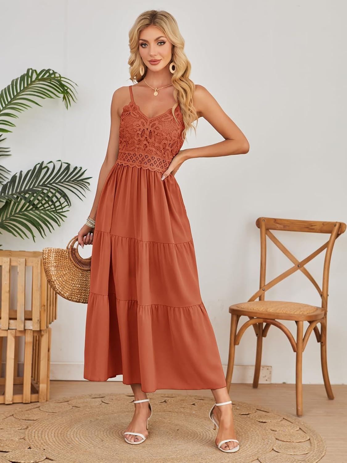 Women'S Beach Crochet Lace Maxi Dress Solid Color Summer Vacation Spaghetti Strap Long Dress 2026