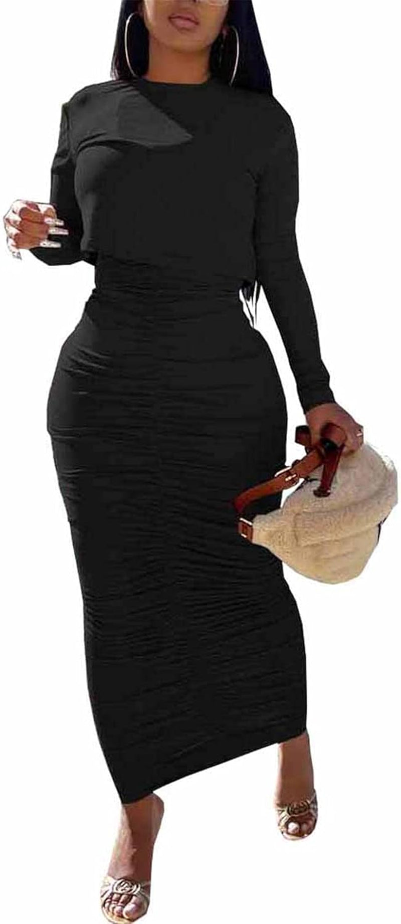 Womens Skirt Sets 2 Piece Outfits Sexy Bodycon Ruched Maxi Dress & Long Sleeve Crop Tops Club Dresses Cocktail Party Outfits,Black#1,L