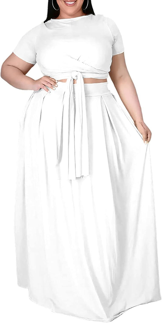Women plus Size 2 Piece Dress Outfits - Sexy Short Sleeve Bandage Tie up Wrap Empire Crop Top + Bodycon Maxi Skirts Set White 4XL