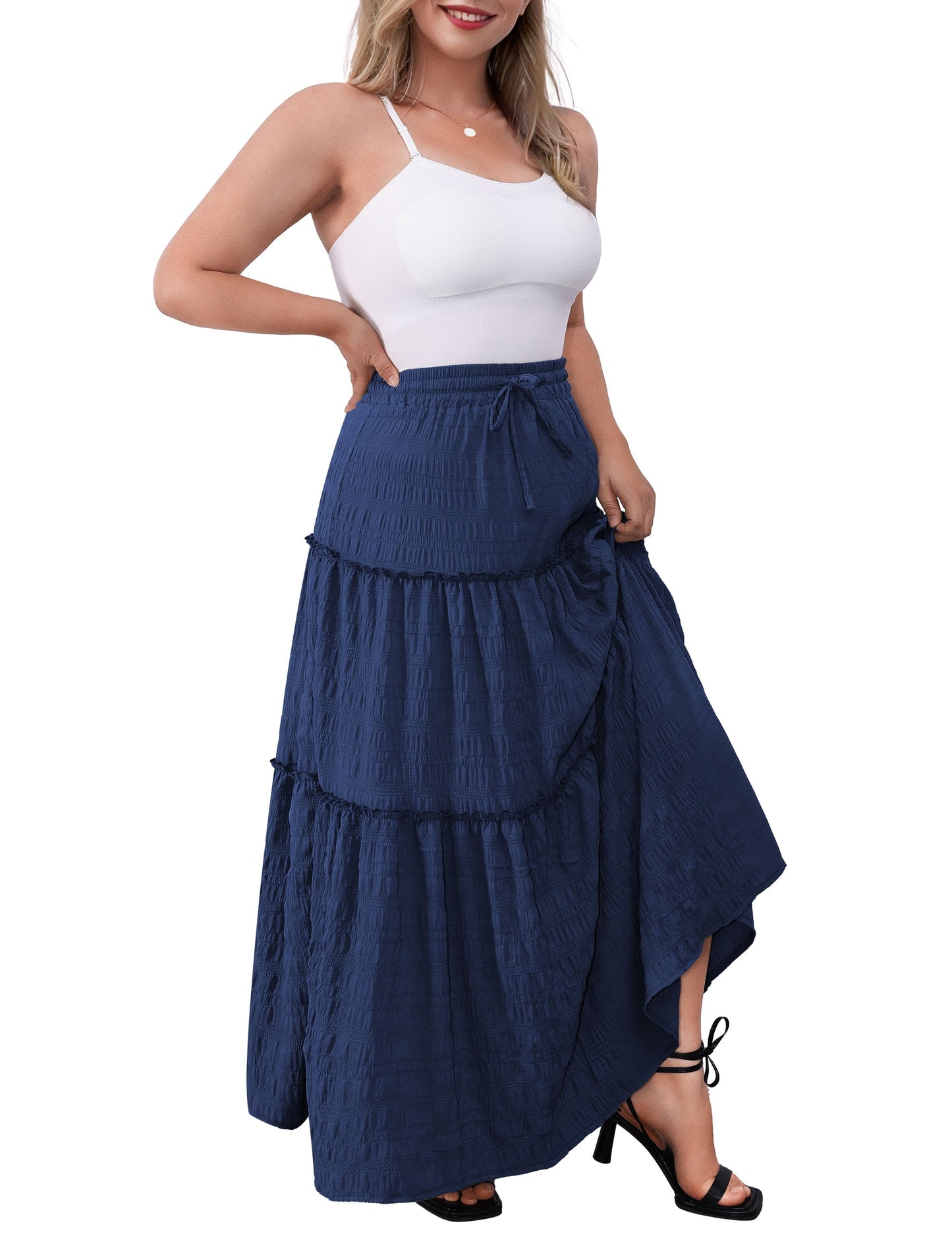 Women plus Size Skirts Elastic High Waist a Line Ruffle Swing Beach Maxi Skirt Long Skirt Tiered Skirt L-4X