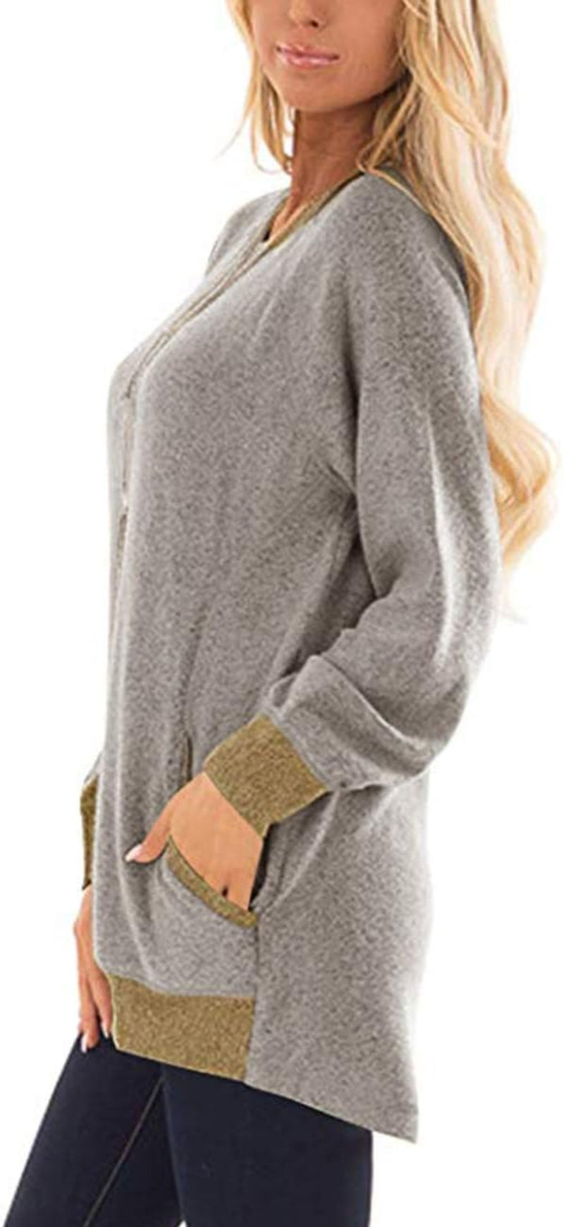 Womens Long Sleeve Tunic Tops Casual Loose Fit Sweatshirts round Neck Pullover Blouse Sweatshirts with Pocket