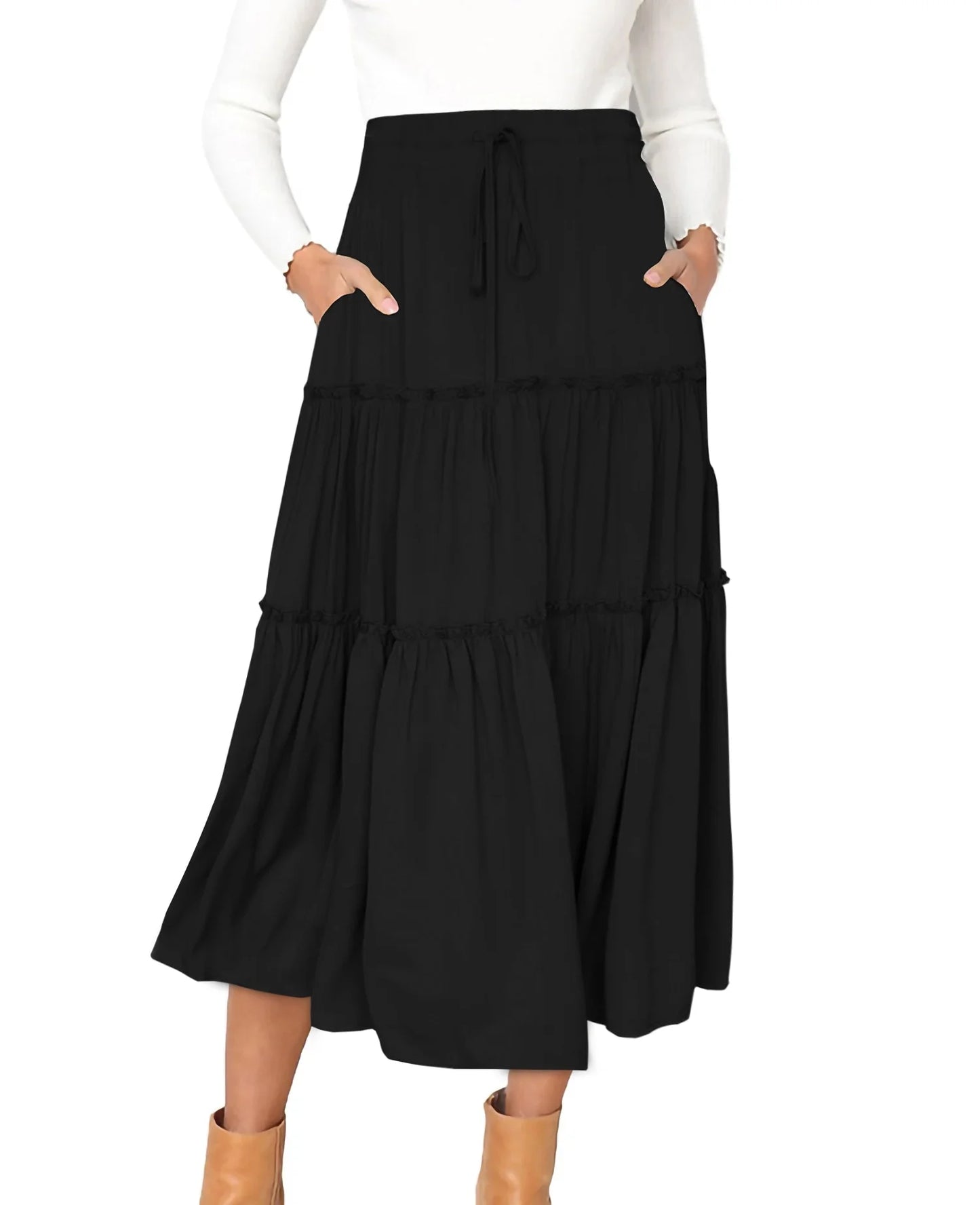 High Waist Midi Skirt for Women A-Line Pleated Skirts with Pockets Flowy Dresses