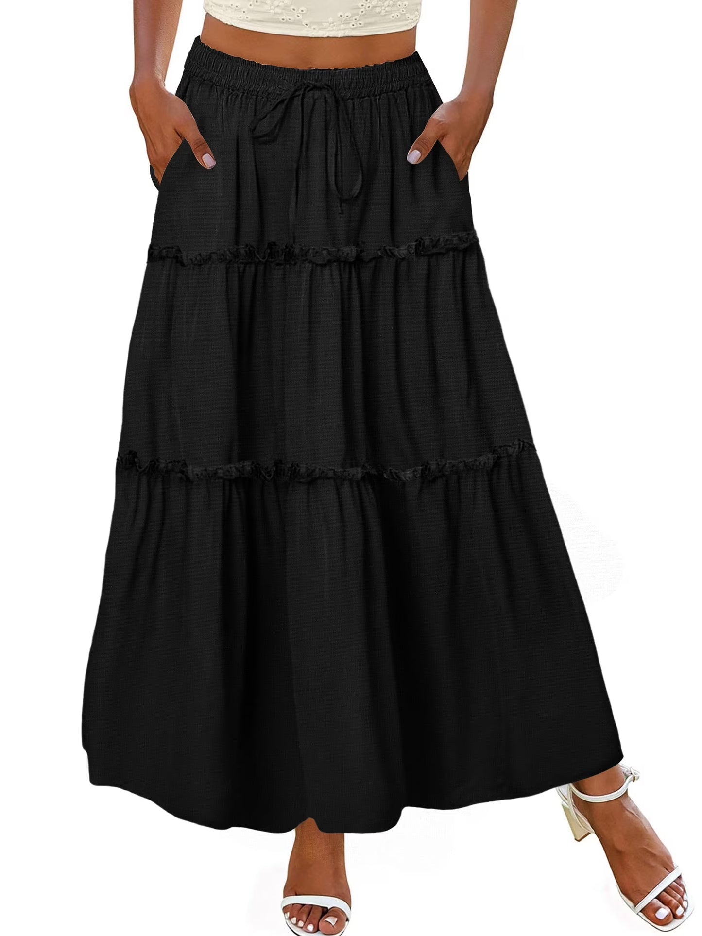 High Waist Midi Skirt for Women A-Line Pleated Skirts with Pockets Flowy Dresses